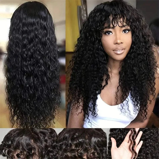 12A Cheap Water Wave Brazilian Human Hair Wig With Bangs Machine Made Wigs for Black Women Deep Wave Curly Wigs On Promotion - SHOWLU FASHION STORE