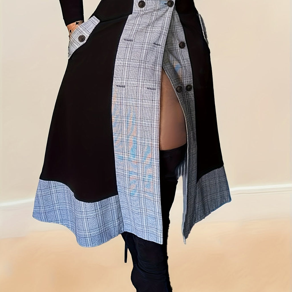 SHOWLU FASHION STORE plaid combo button skirt featuring an elegant knit polyester fabric with a stylish design and button details.