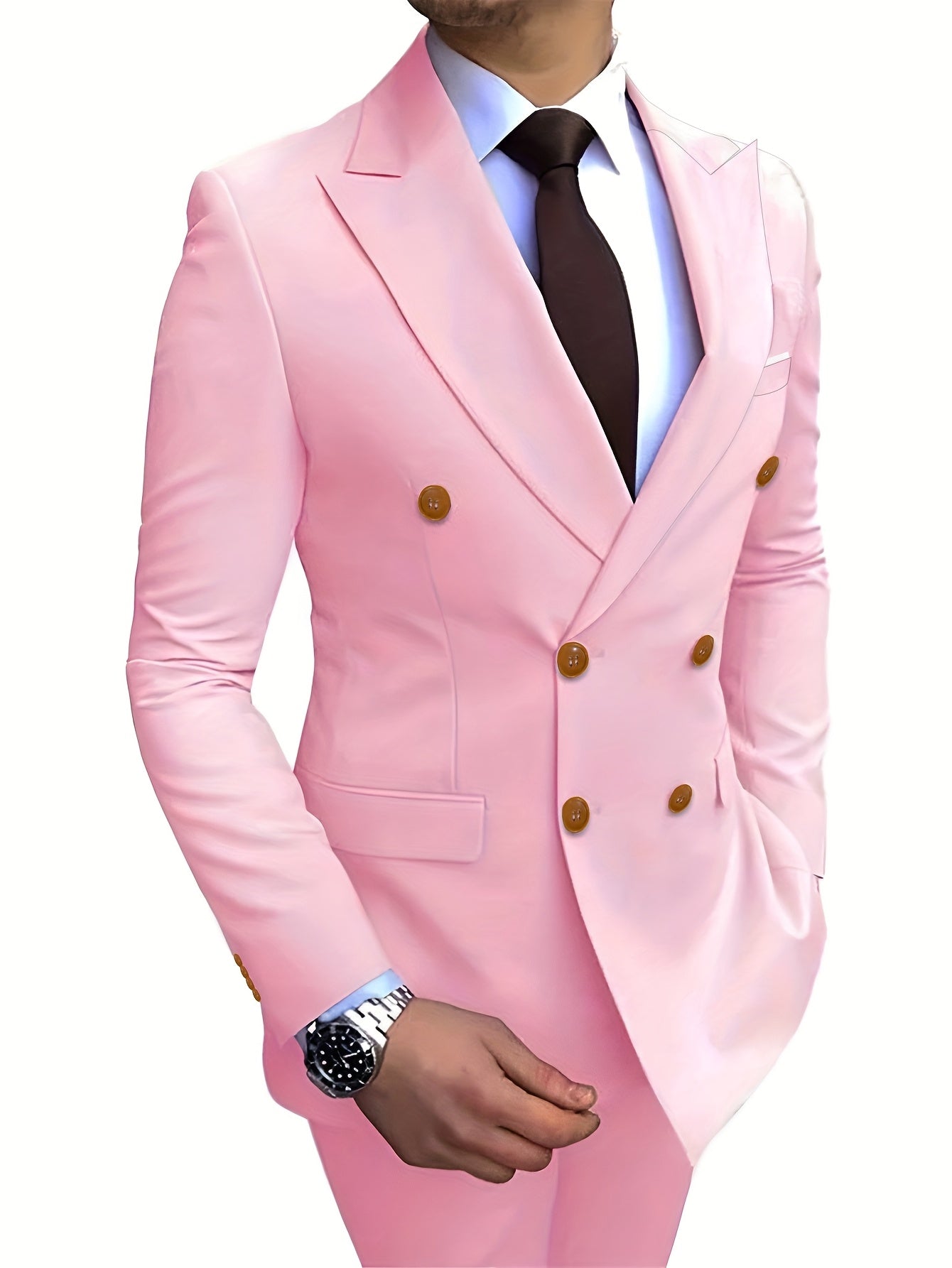 SHOWLU Men's classic slim fit 2-piece suit with one-button blazer and matching trousers, formal attire in navy blue.
