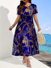 Women's Tropical Chain Print A-Line Dress - Vibrant Blue & Golden Palm Leaf Design, Round Neck Short Sleeve, Flared Hem, Medium Stretch, Hand Wash Only for Resort Wear & Casual Outings, Tropical Dress