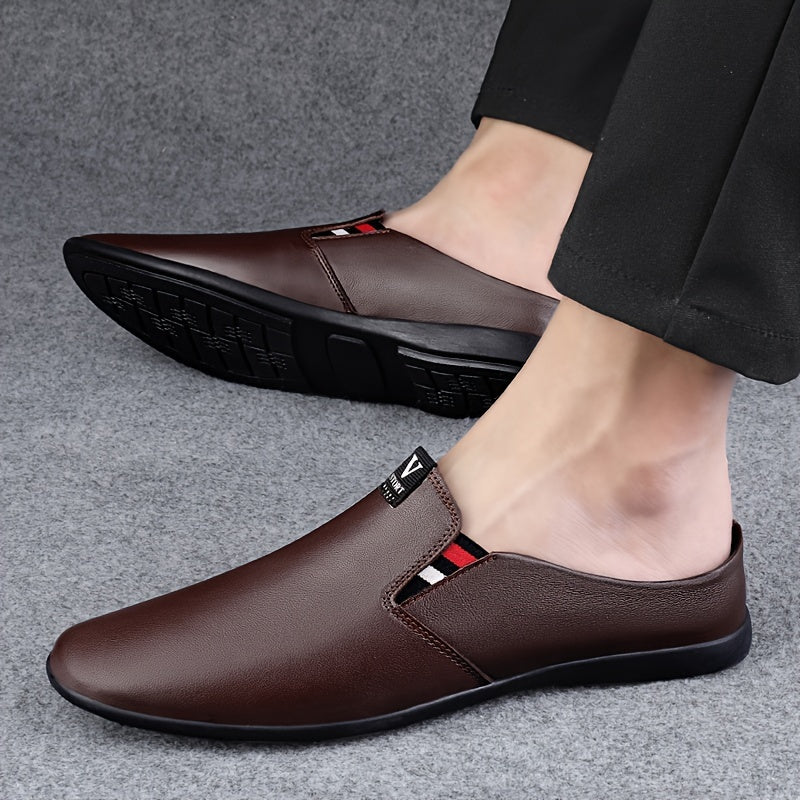 SHOWLU Men's split leather slip-on mules, breathable summer shoes with a sleek design and comfortable fit for warm weather.