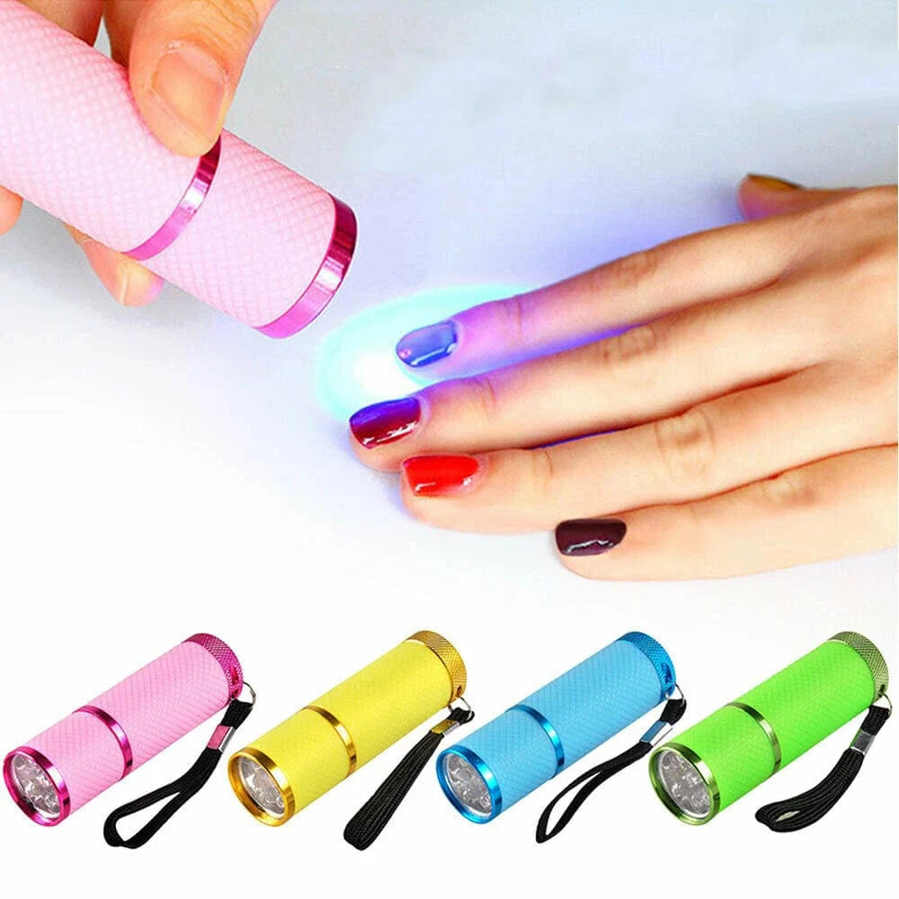 Showlu Mini UV LED Nail Lamp with 9 LEDs, portable wireless gel polish flashlight and torch for quick nail curing.