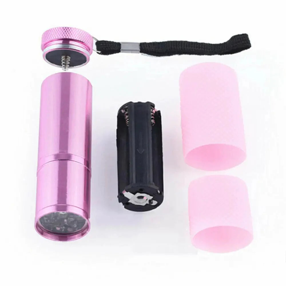 Showlu Mini UV LED Nail Lamp with 9 LEDs, portable gel polish flashlight, wireless compact nail curing device.
