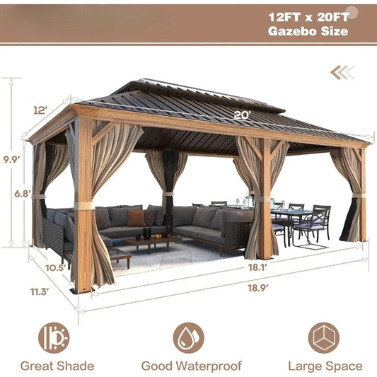 12'x20' Hardtop Gazebo, Wooden Finish Coated Aluminum Frame Gazebo with Galvanized Steel Roof, with Curtains and Nettings - SHOWLU FASHION STORE