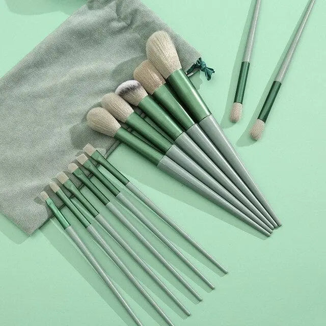 Showlu 13-piece makeup brush set with a black carrying bag, including foundation, eyeshadow, blush brushes, and soft cosmetic tools.
