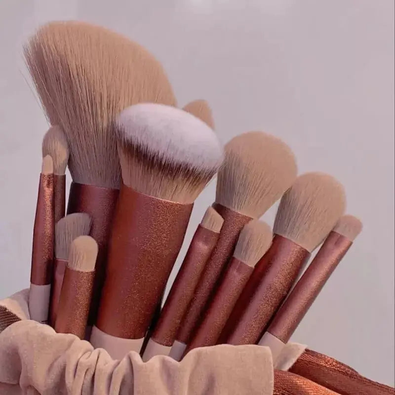 Showlu 13-piece makeup brush set with soft foundation, eye shadow, blush brushes, and a carrying bag for women’s cosmetics.