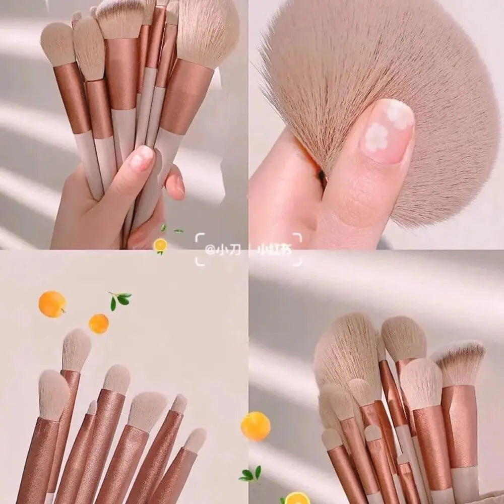 Showlu 13-piece makeup brush set with soft foundation and eye brushes, including a black carrying bag for cosmetics application.