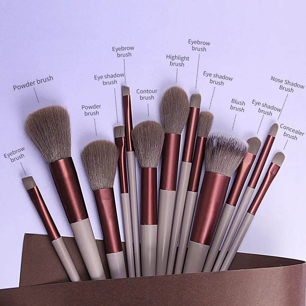 Showlu 13-piece makeup brush set with soft foundation, eye shadow, blush tools for professional cosmetic application.