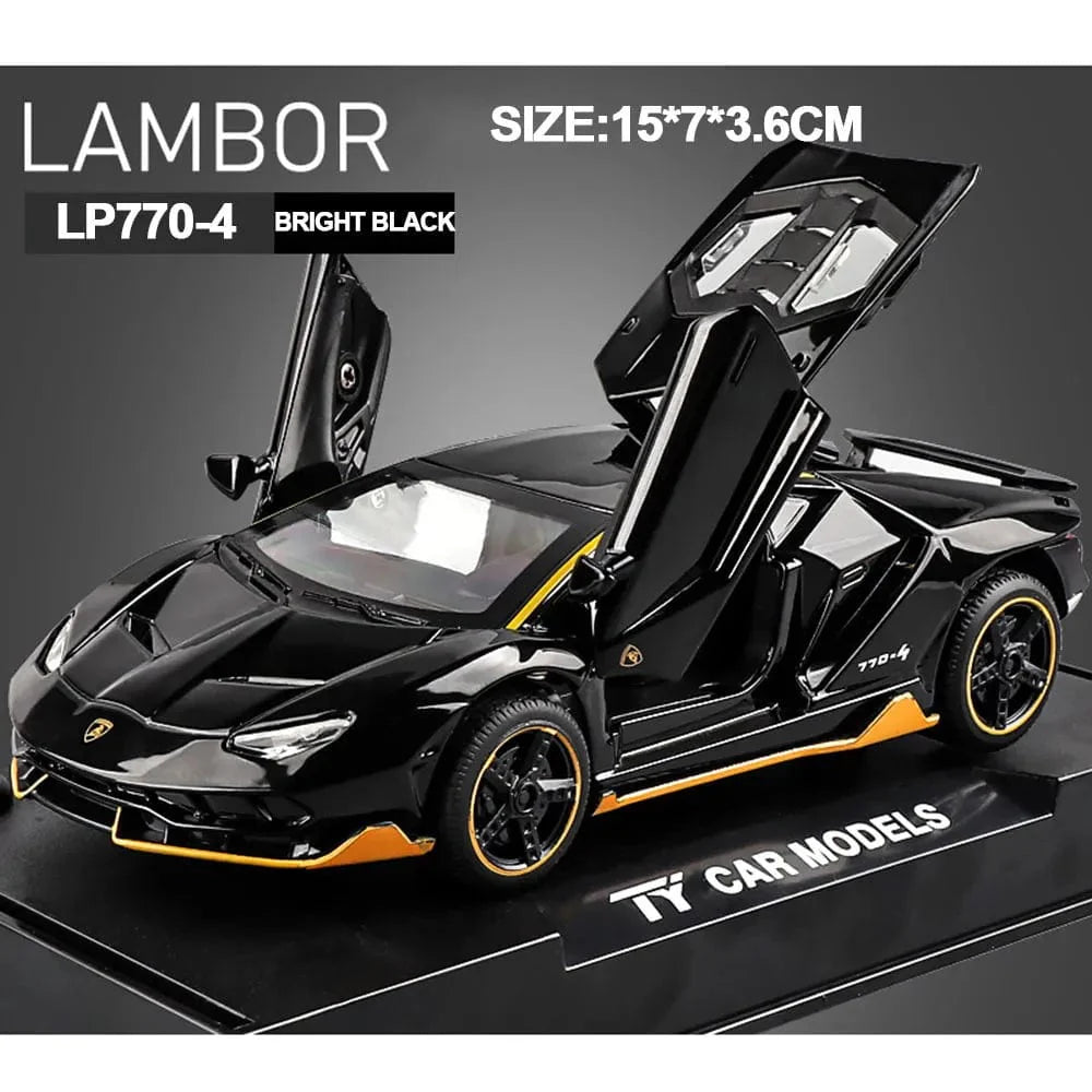 Diecast Lamborghini LP770 model car with lights and music, detailed scale replica, perfect for collectors and kids.