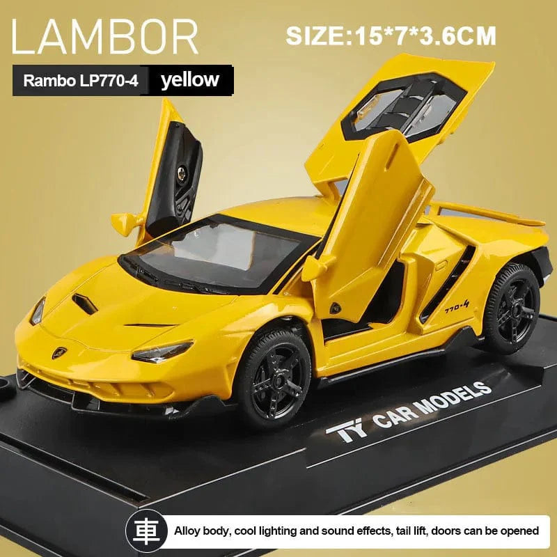 Diecast Lamborghini LP770 model car by DUFFDUN with lights and music, detailed alloy toy car for boys and collectors.