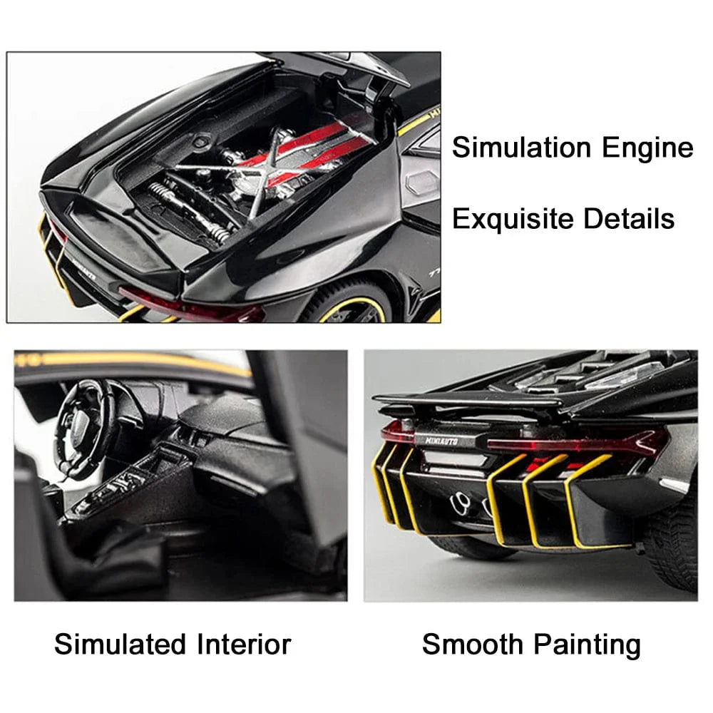 Detailed view of a DUFFDUN 1/32 Lamborghini LP770 diecast model car with working lights and music for kids and collectors.