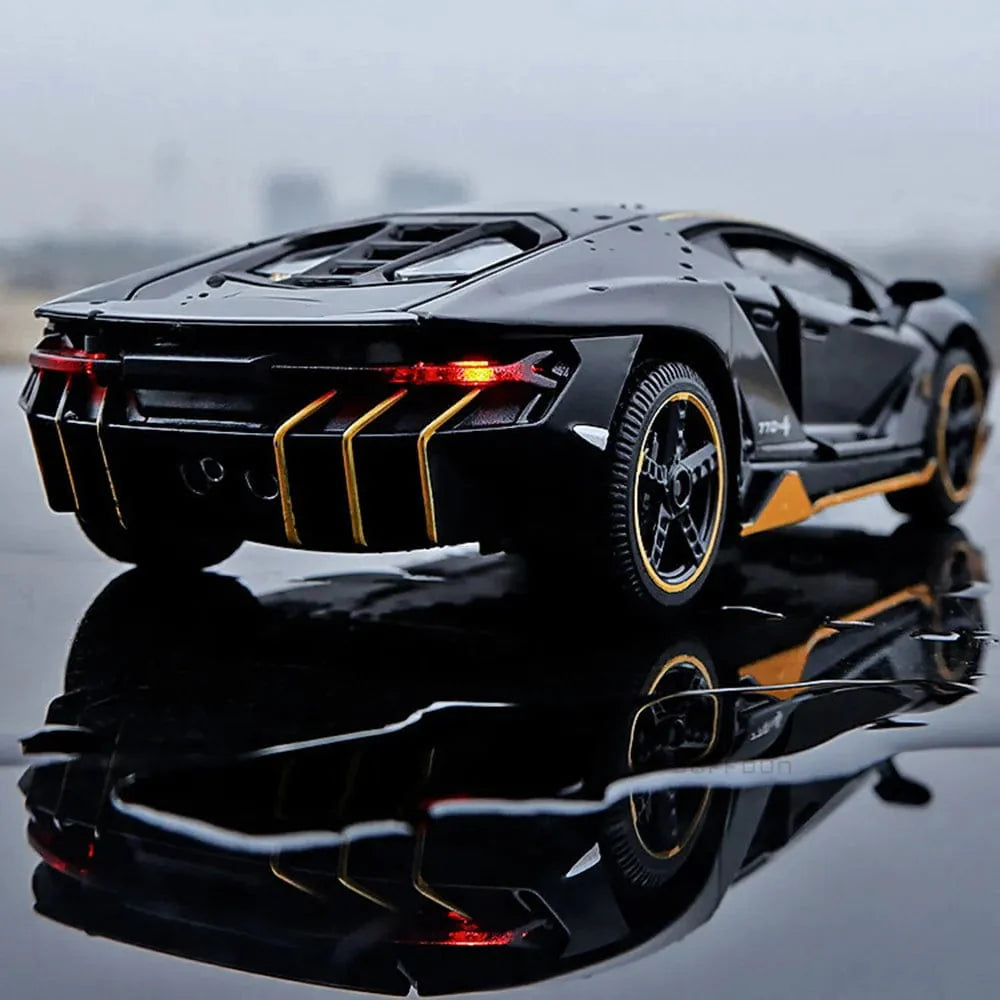Diecast Lamborghini LP770 model car by DUFFDUN with lights and music, detailed alloy toy for boys and collectors.