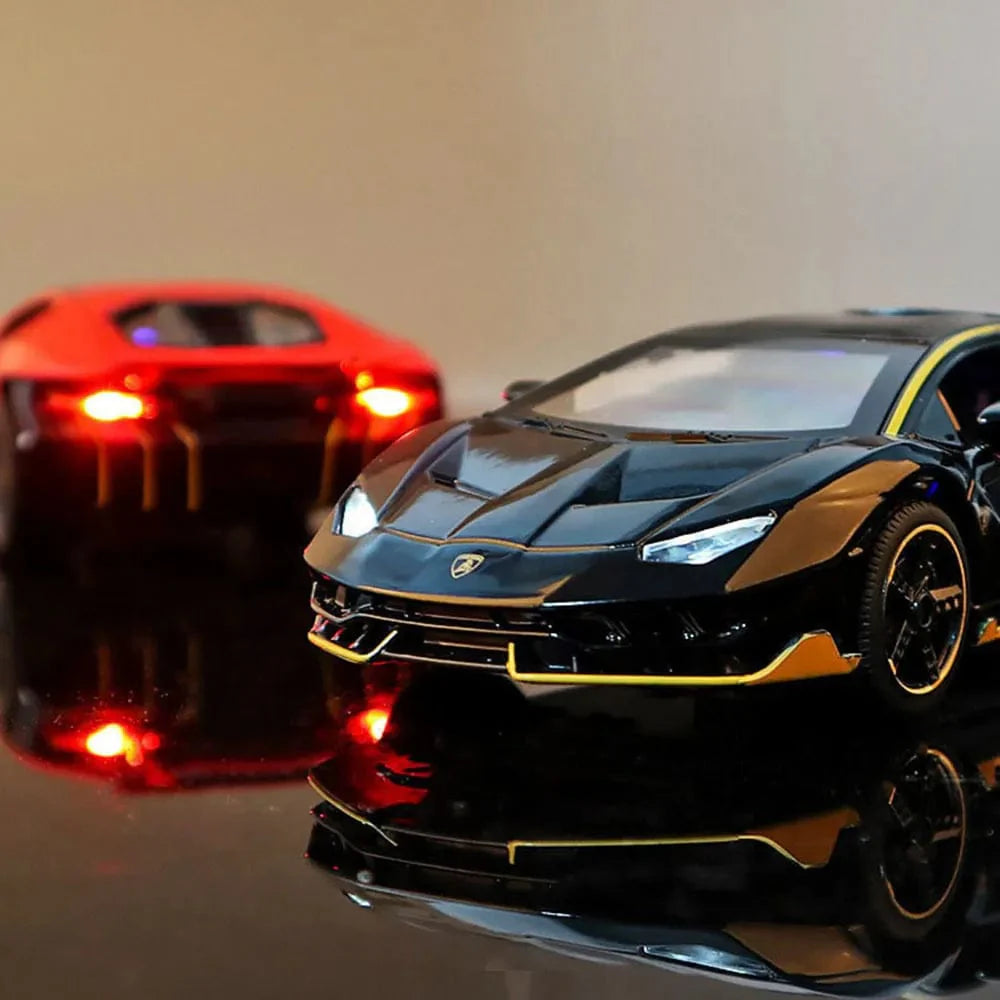 Diecast Lamborghini LP770 model car with light and music, scaled 1/32, featuring alloy body and pull-back action for kids.