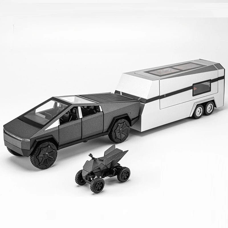 Tesla Cybertruck 1:32 diecast model car with metal pickup truck, RV, and trailer, featuring realistic sound and light details.