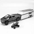 Tesla Cybertruck 1:32 diecast model car with metal pickup truck, RV, and trailer, featuring realistic sound and light details.