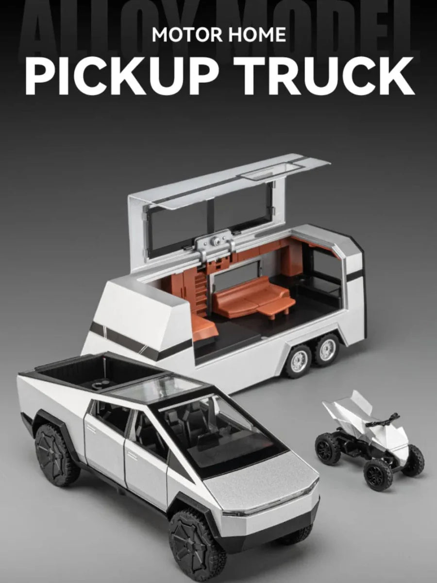 Tesla Cybertruck 1:32 diecast model car with metal pickup truck, RV, and trailer, featuring sound and light details for collectors.