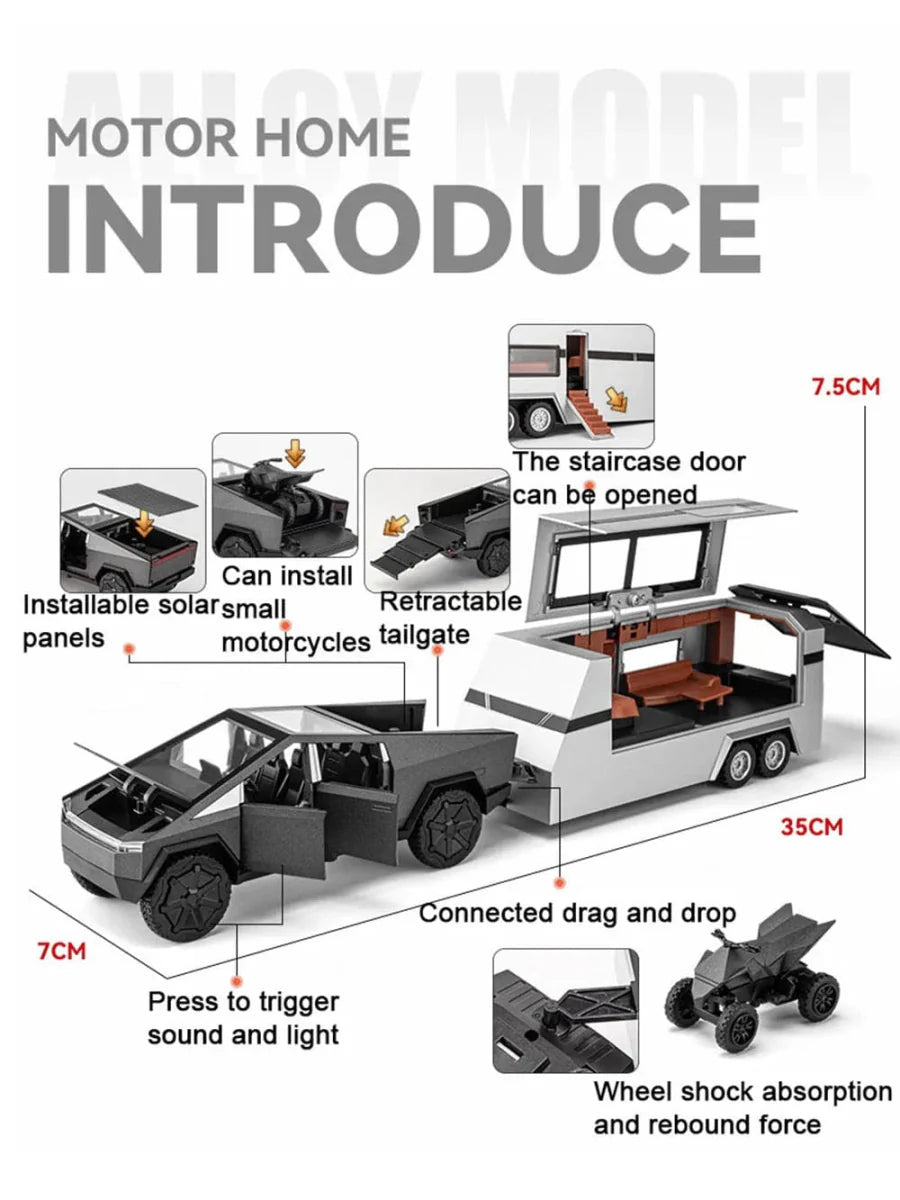 Tesla Cybertruck 1:32 diecast metal model car with pickup truck and RV trailer, detailed toy for collectors and enthusiasts.