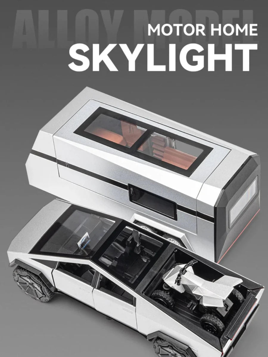 Tesla Cybertruck 1:32 diecast model car with metal pickup truck, RV, and trailer, featuring realistic sound and light details.