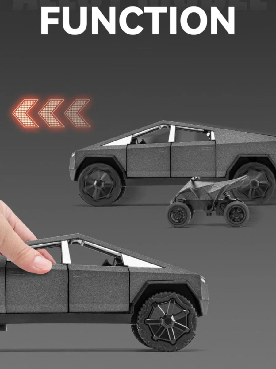 Tesla Cybertruck 1:32 diecast model car by Showlu, detailed metal pickup truck with RV trailer, lights, and sound features.