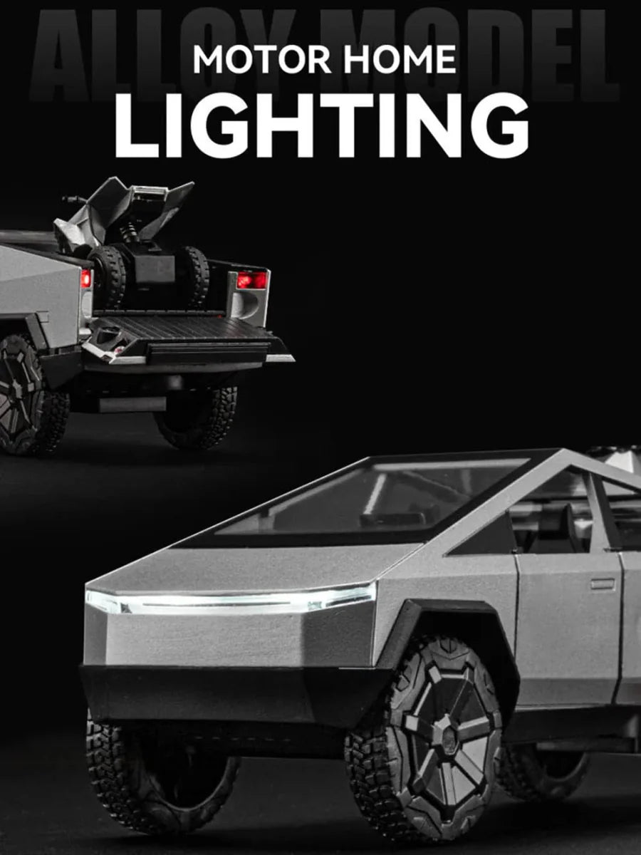 Tesla Cybertruck 1:32 diecast model car featuring metal pickup truck with RV trailer, detailed toy for collectors and kids