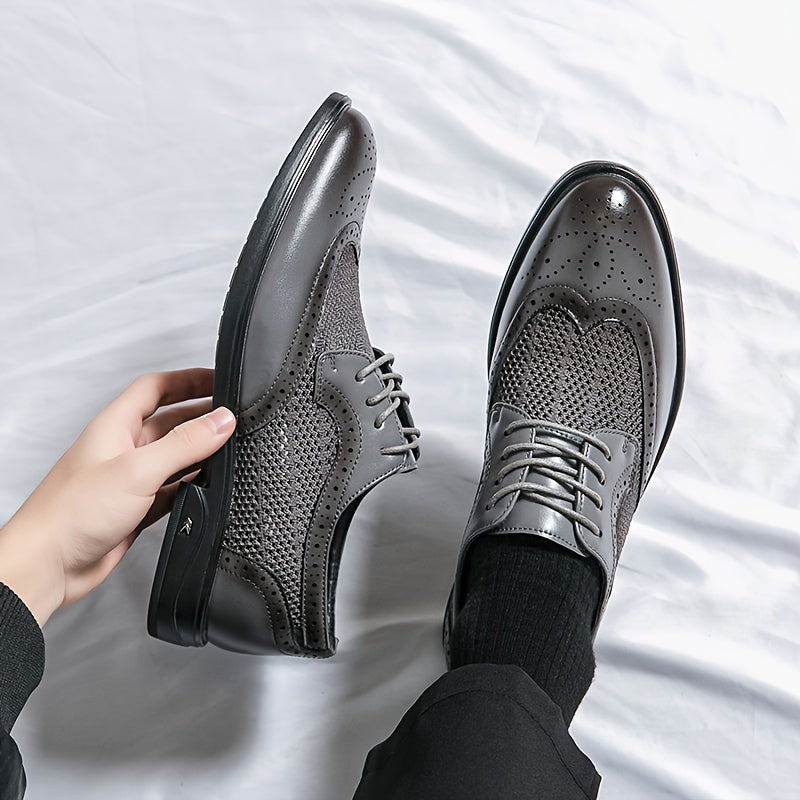 Showlu men's hollow-out business shoes with pointed toes, breathable design, stylish footwear for formal or office wear.