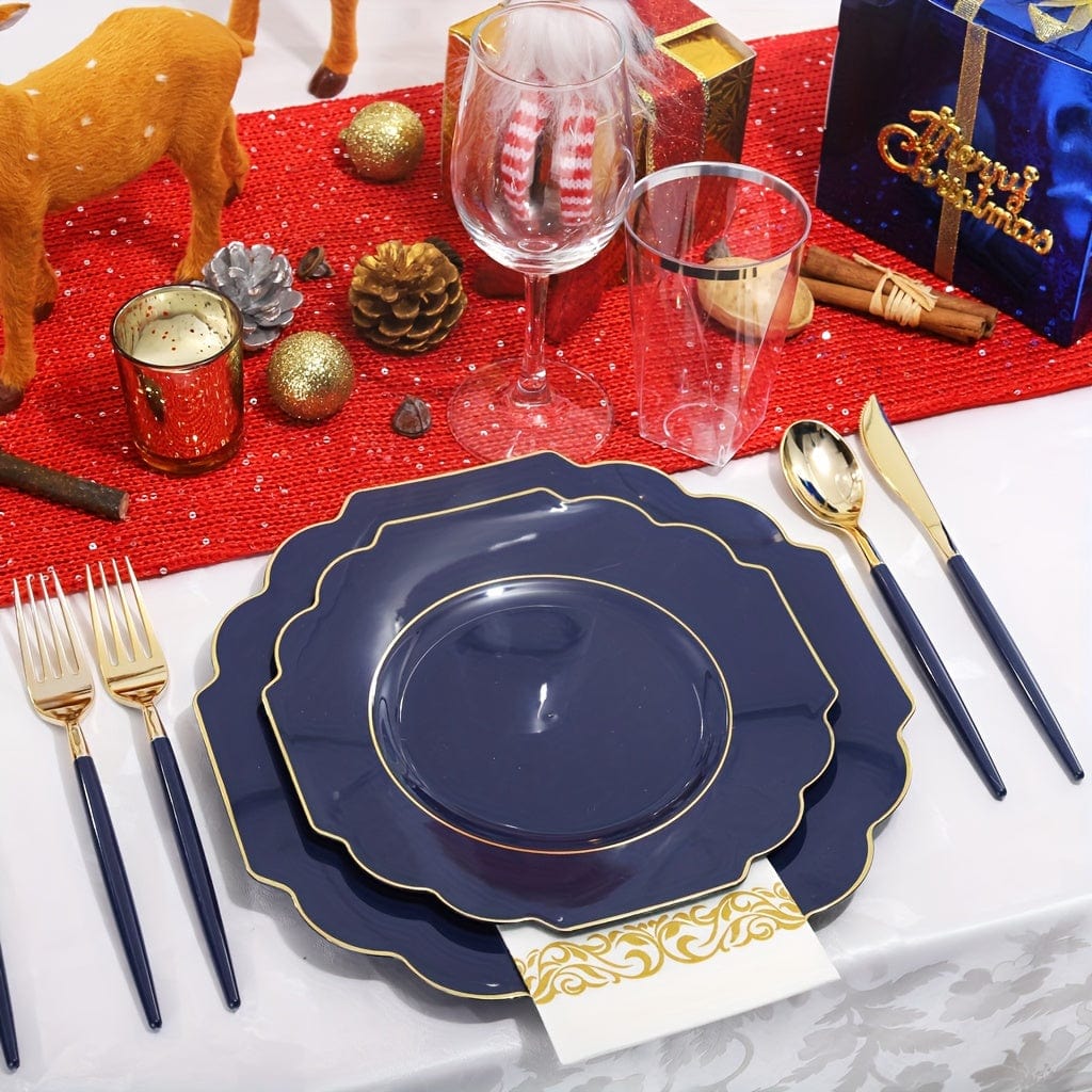 Gold plastic dinnerware set by Showlu Fashion Store with 40 plates, 20 cups, 20 forks, knives, spoons, and napkins for parties.
