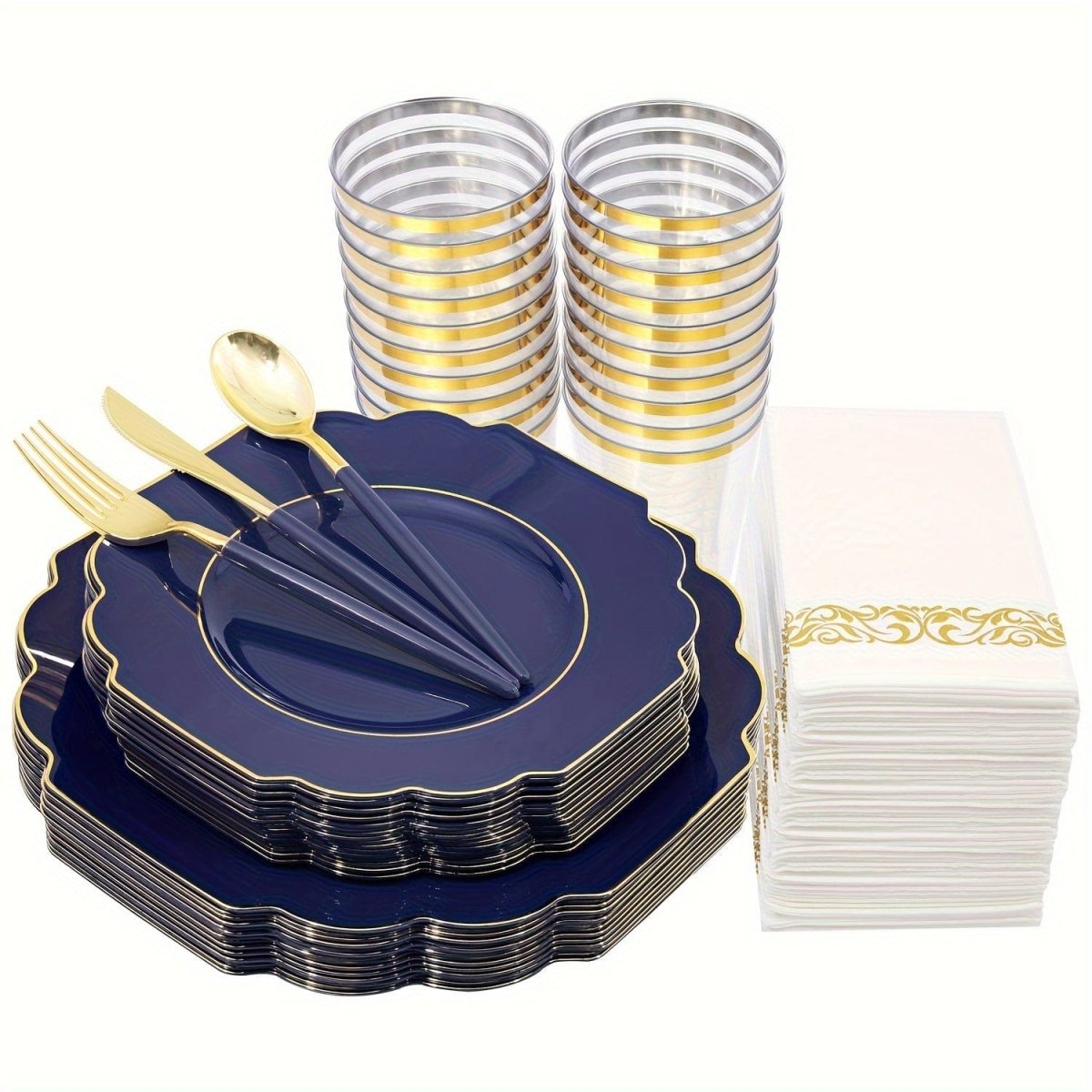 Gold plastic dinnerware set with 40 plates, 20 cups, forks, knives, spoons, and napkins for weddings and parties.