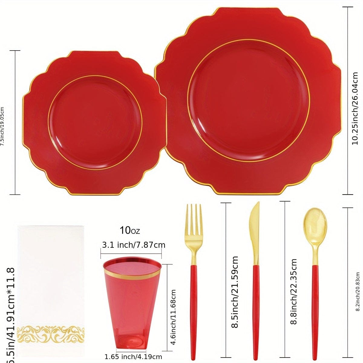 Gold plastic dinnerware set with 40 plates, 20 cups, forks, knives, spoons, and napkins for weddings and parties.