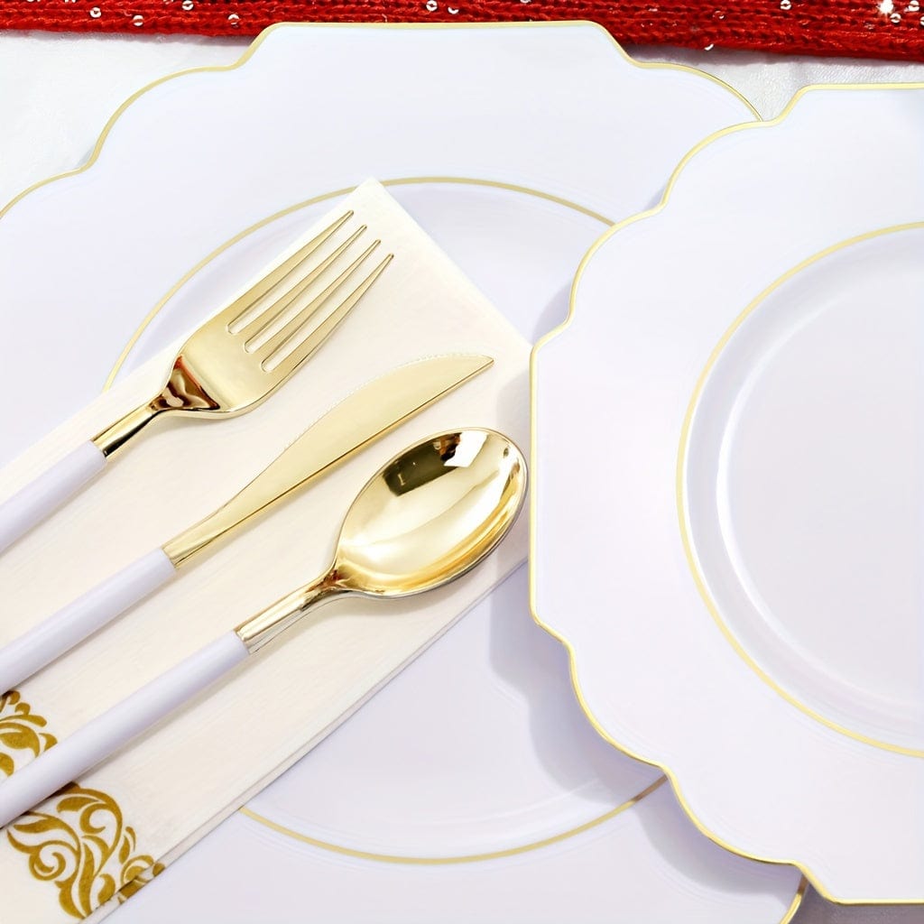 Gold plastic dinnerware set with 40 plates, 20 cups, forks, knives, spoons, and napkins for weddings and parties.