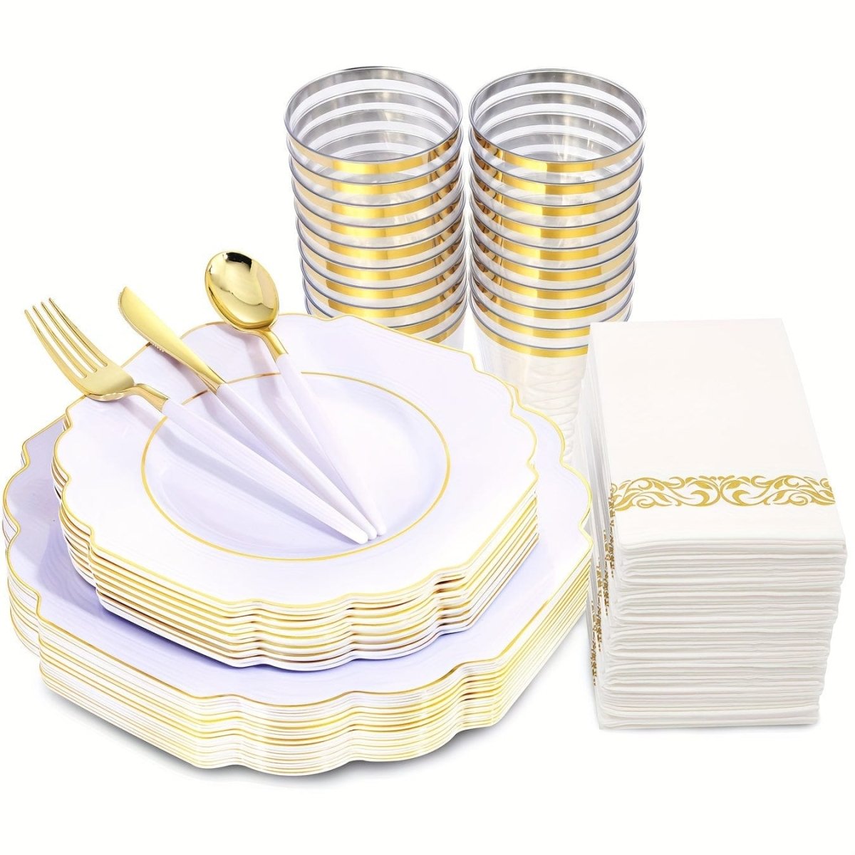 Gold plastic dinnerware set with 40 plates, 20 cups, forks, knives, spoons, and napkins for weddings and parties