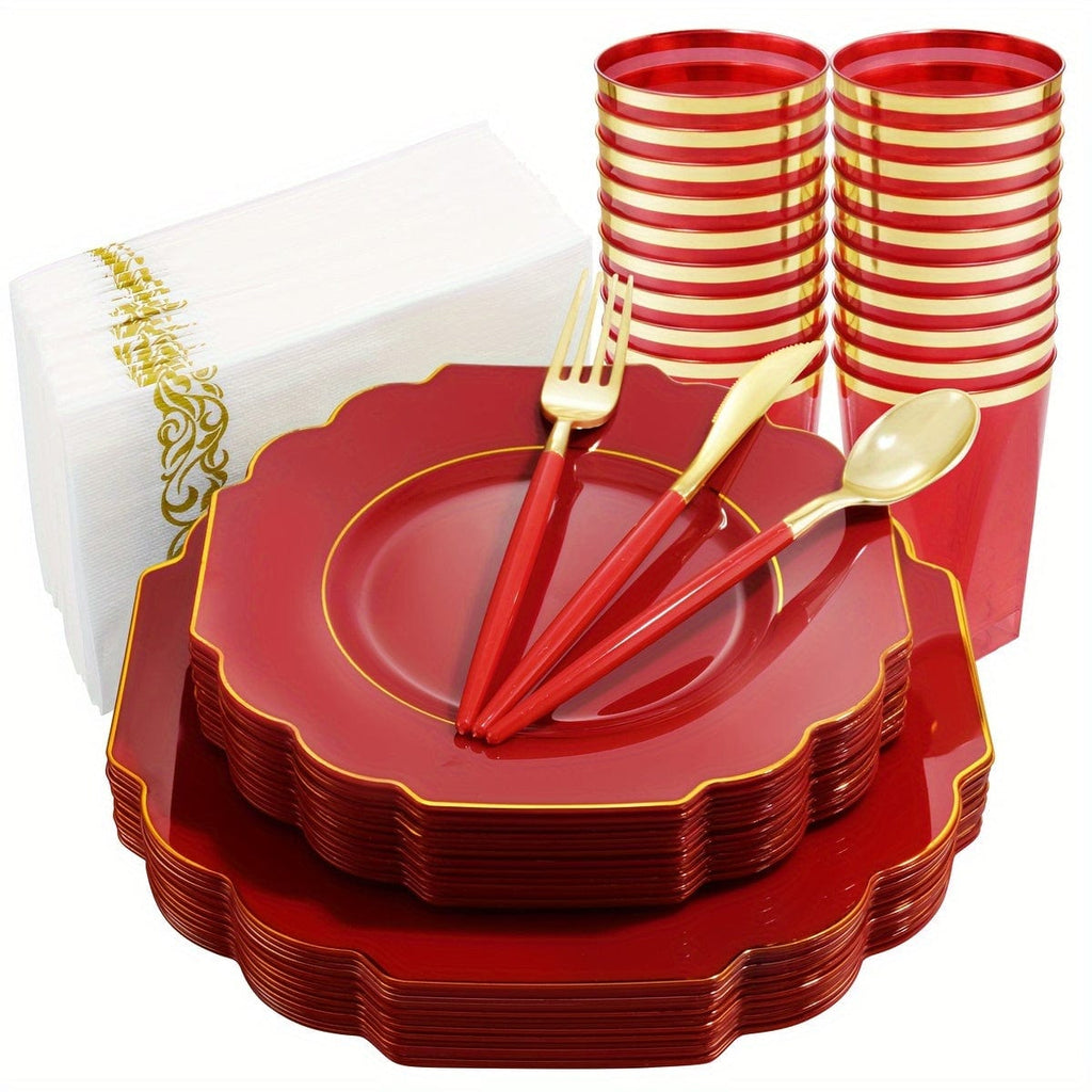 Gold plastic dinnerware set by Showlu Fashion Store with 40 plates, 20 cups, 20 forks, knives, spoons, and napkins for parties.