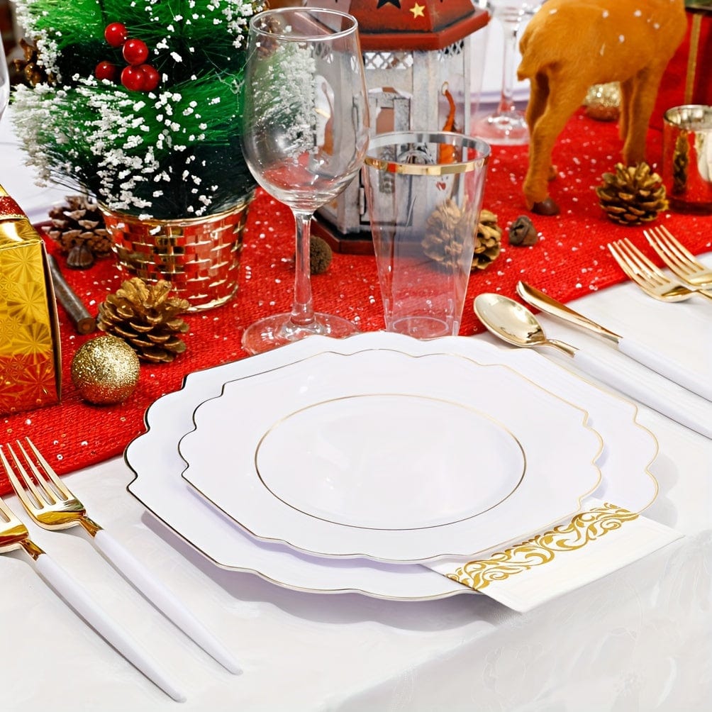 Showlu Fashion Store Nervure gold plastic dinnerware set with 40 plates, 20 cups, 20 forks, knives, spoons, and napkins for weddings and parties