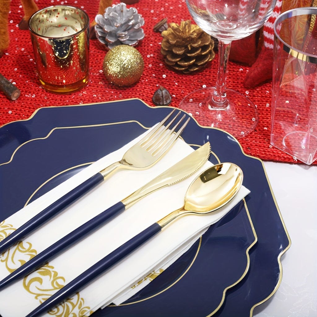 Gold plastic dinnerware set with 40 plates, 20 cups, 20 forks, knives, spoons, and napkins for weddings and parties
