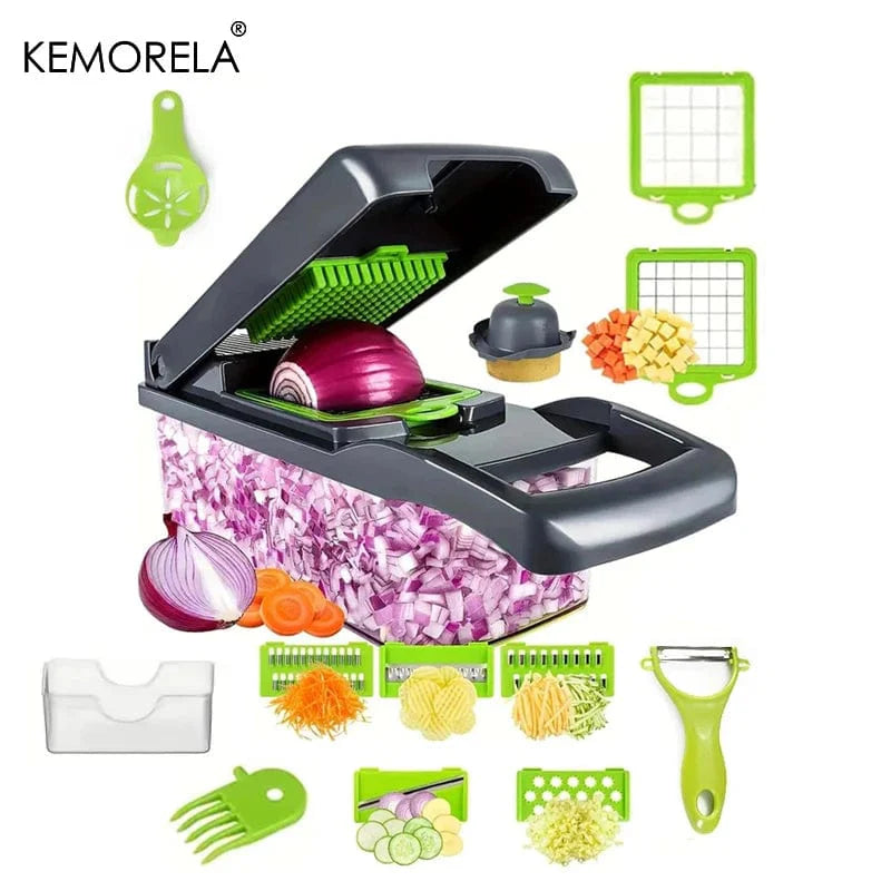 KEMORELA 16-in-1 vegetable chopper and dicer with stainless steel blades, handle, and multiple slicing and chopping functions.