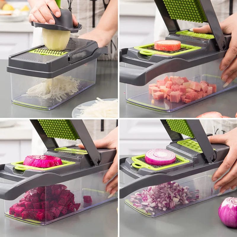KEMORELA 16-in-1 vegetable chopper with stainless steel blades, featuring handle and multiple slicing, dicing, and grating options.