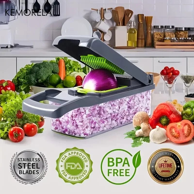 KEMORELA 16-in-1 vegetable chopper with stainless steel blades, showing multiple slicing, dicing, and chopping functions in use.