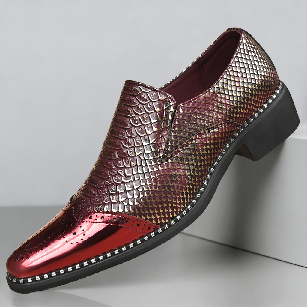 Men's snake scale patchwork slip-on formal shoes with chunky heel by Showlu Fashion Store, featuring a stylish and elegant design.