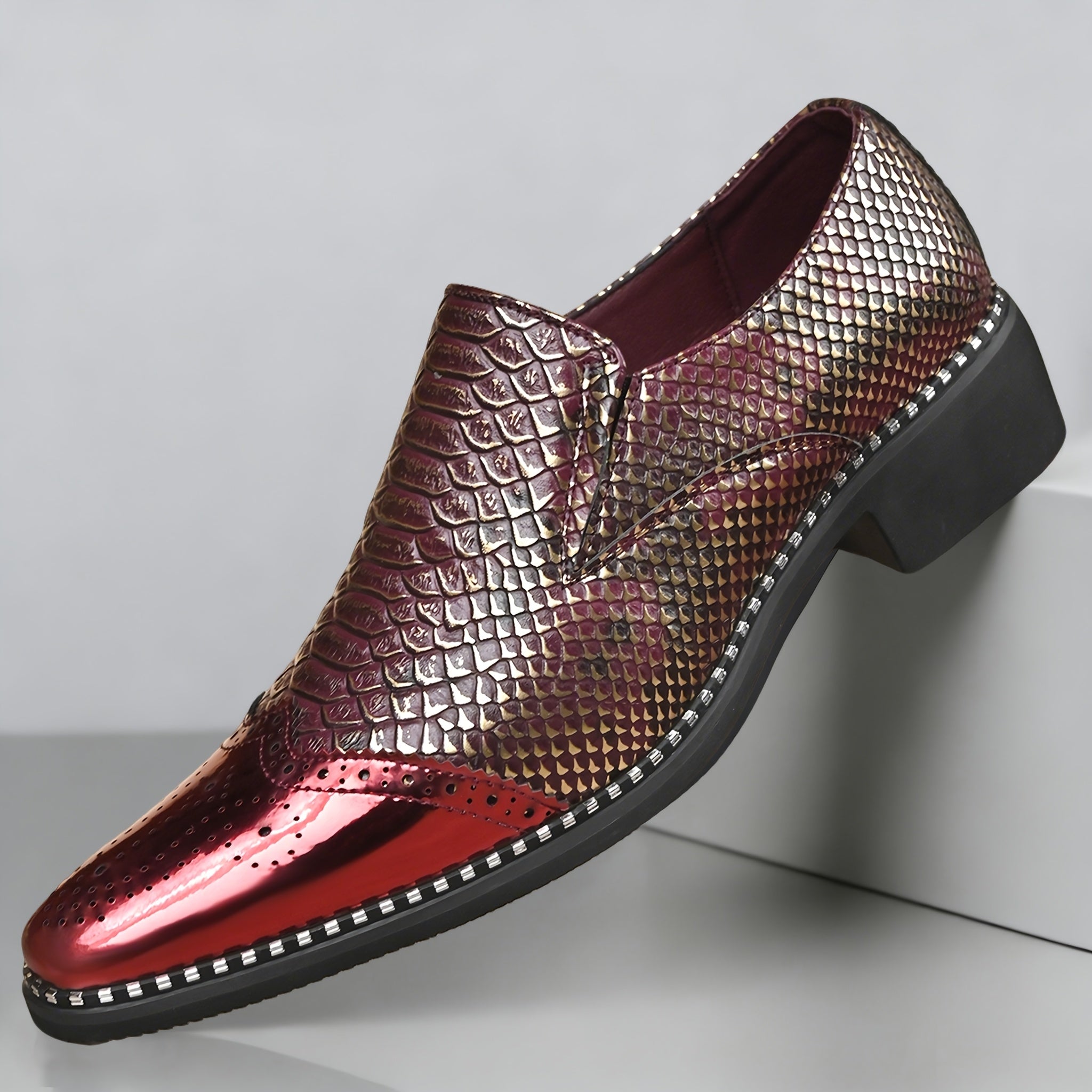 Men's snake scale patchwork slip-on formal shoes with chunky heel by Showlu Fashion Store, featuring a stylish and elegant design.