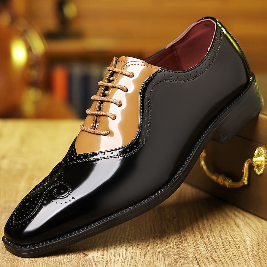 Showlu Fashion men's lace-up wedding shoes with round toe design, made of black PU leather, suitable for formal or casual wear.