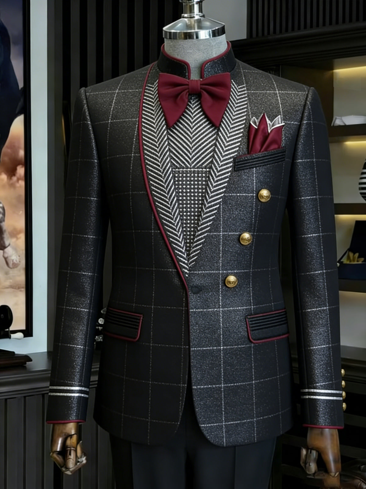 Showlu Men's slim fit double-breasted solid color suit, formal evening wear with tailored lapels and classic design.