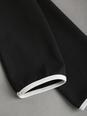 Elegant Black and White V-Neck Dress with Belt and Pockets - Slim Fit, Long Sleeve, Two-Tone Design for Women, Perfect for Fall/Winter Commute, Stylish Commuter Dress | Belted Waist Dress | Tailored Fit Dress