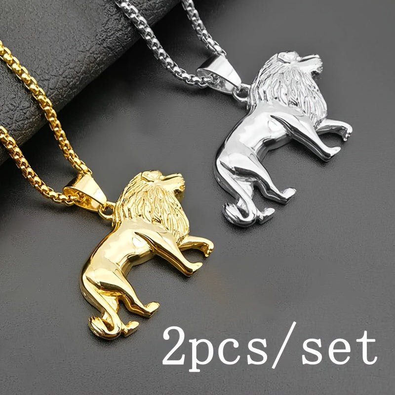 SHOWLU FASHION men's lion pendant necklaces in a 2-piece set, made of stainless steel, featuring detailed lion designs.