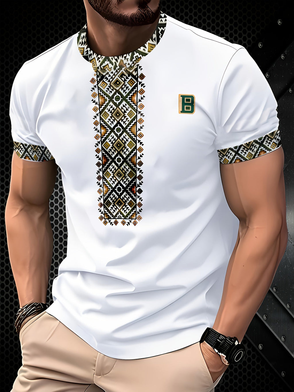 White men's geometric print T-shirt from SHOWLU FASHION STORE, made of polyester with a regular fit and stylish design.