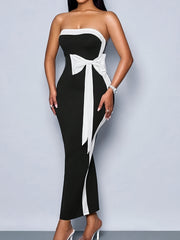 Women's Elegant Off-the-Shoulder Bodycon Dress - Slim Fit Formal/Party/Everyday Dress with Bow Tie Waist, Machine Washable Black Evening Gown for Women, Tight Fitted Dress, Party Outfit, Durable Fabric, Party Wear