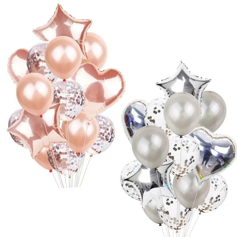 14-piece rose gold confetti balloons set for birthday parties, featuring helium balloons with colorful confetti for celebration events.