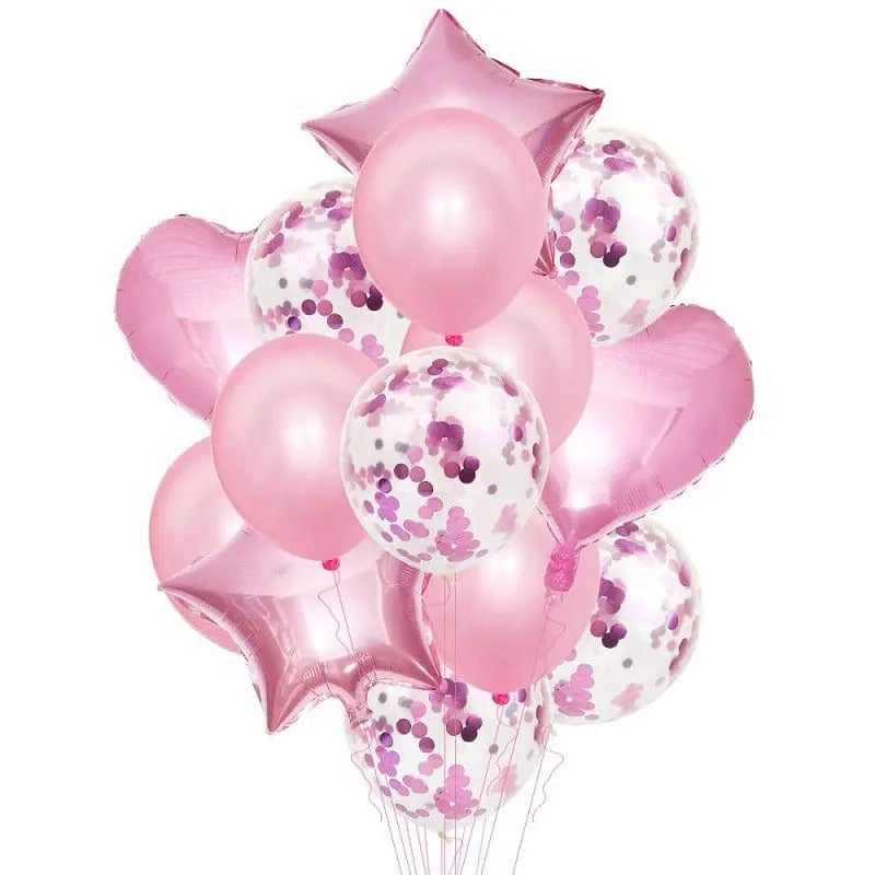 14-piece rose gold confetti balloons set for birthday parties, featuring helium balloons for boys, girls, or baby showers.