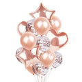 Set of 14 rose gold confetti balloons for birthday parties, featuring colorful helium balloons with "Happy Birthday" designs.