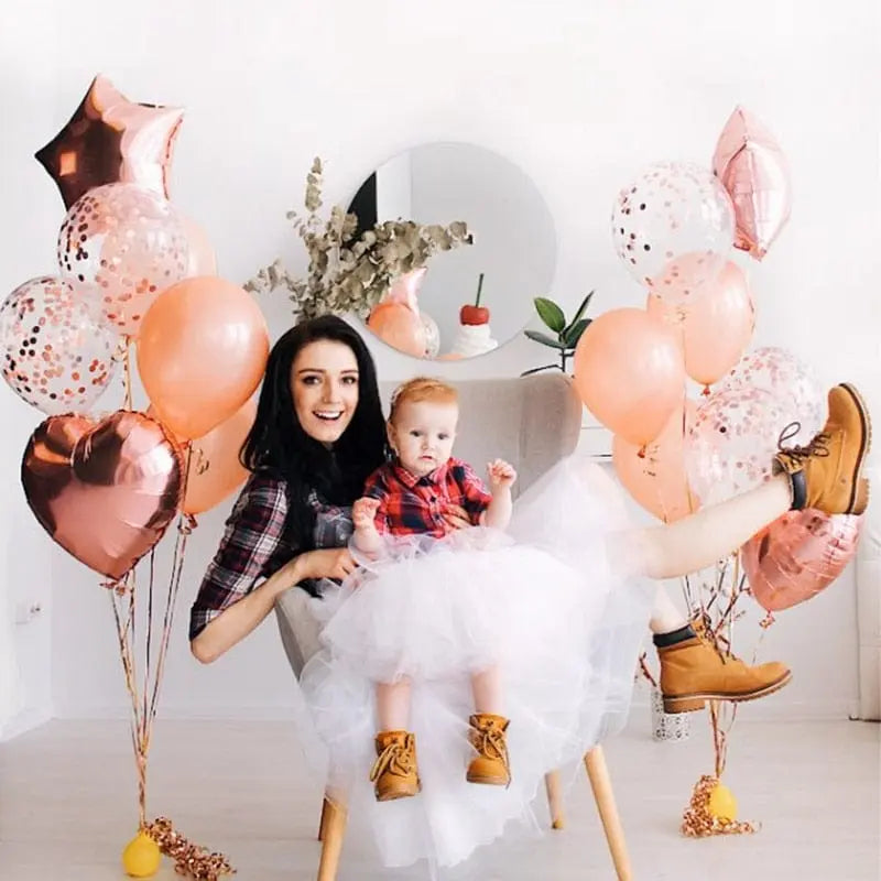 Set of 14 rose gold confetti balloons for birthday parties, featuring colorful helium balloons with "Happy Birthday" design.