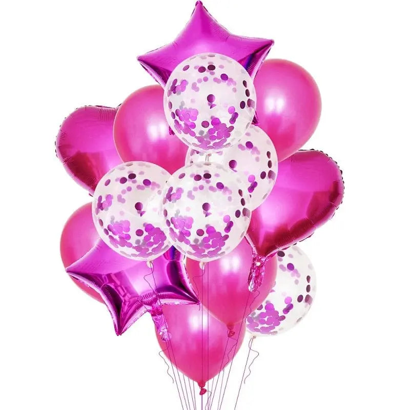 14-piece rose gold confetti balloons set for birthday parties, featuring helium balloons with colorful confetti for celebration decor.