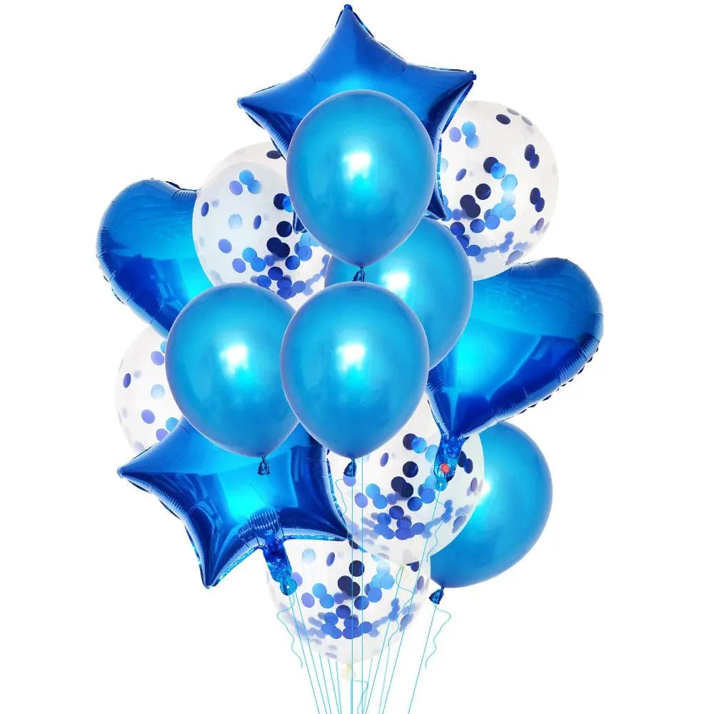 Set of 14 rose gold confetti balloons for birthday parties, featuring colorful confetti inside helium-ready balloons.